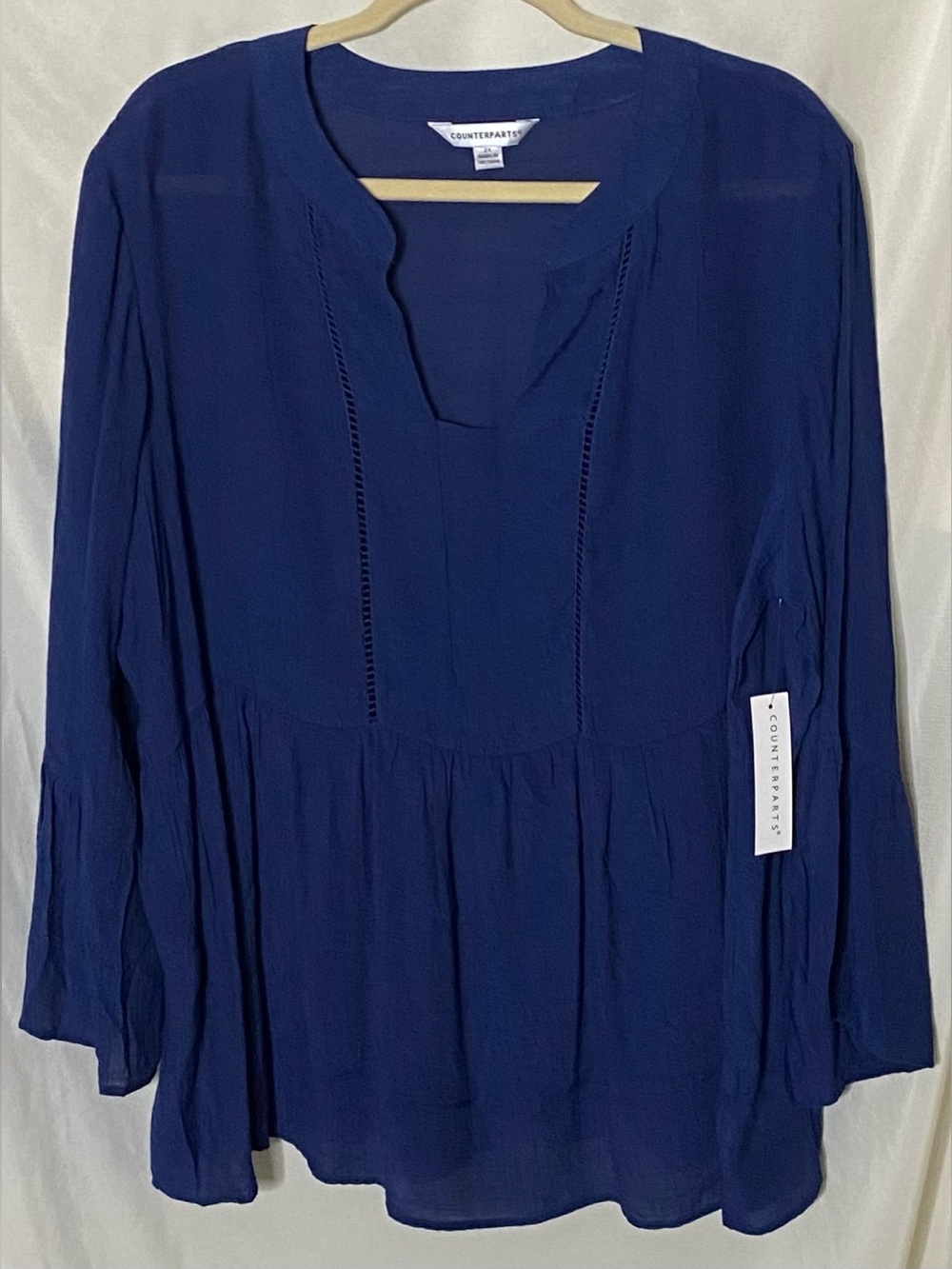 NWT Counterparts Plus Size Navy Blue Boho Flowy Tunic Blouse w/ Bell Sleeves